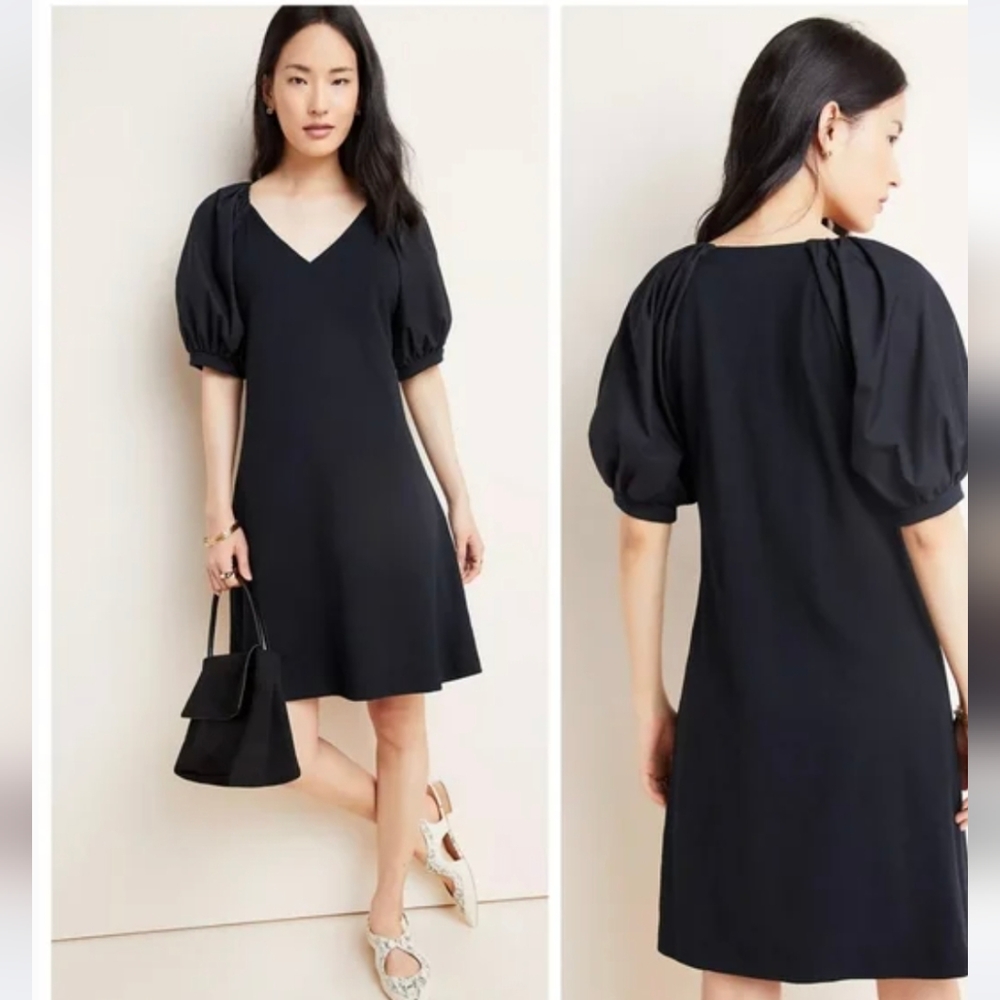 Maeve Anthropologie Annika Knit Black Puffy Sleeve V-Neck Dress